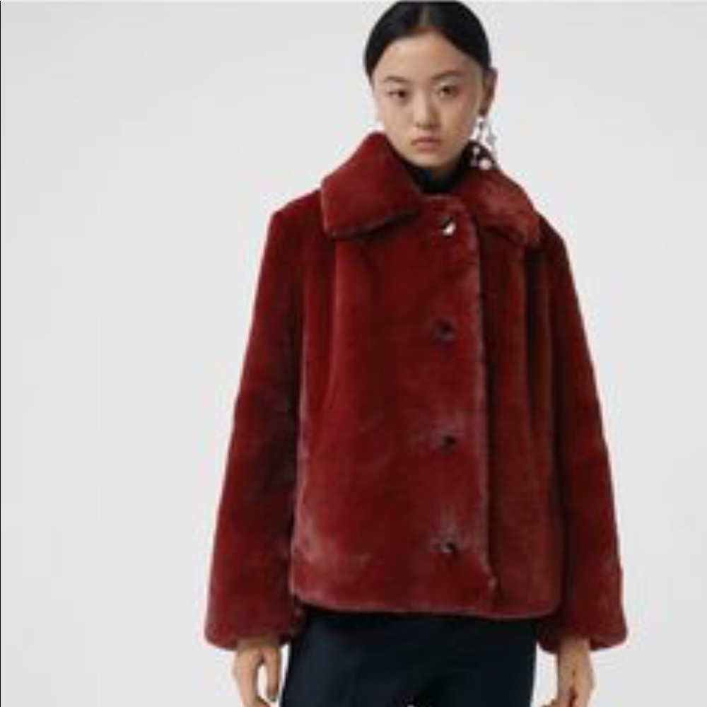 NEW BURBERRY Womens Maroon Alnswick Faux Fur Coat